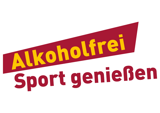 Das Logo der Kampagne "Alkoholfrei Sport genießen". Das Wort Alkoholfrei ist orange auf rotem Hintergrund. Die Wörter "Sport genießen" stehen darunter und sind rot auf weißem Hintergrund